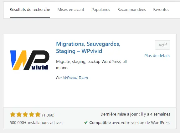 WPvivid - sauvegarde de site Worpdpress.