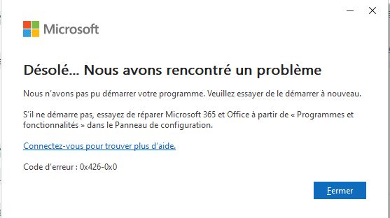 Office 365 - Message du problème