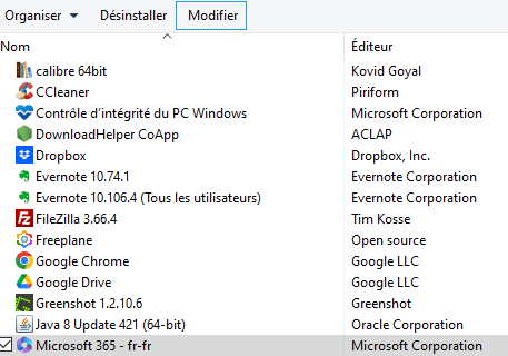 Windows - Panneau de config. Programmes